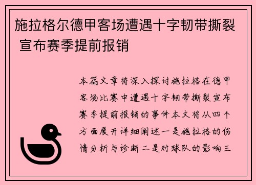 施拉格尔德甲客场遭遇十字韧带撕裂 宣布赛季提前报销