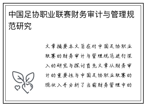 中国足协职业联赛财务审计与管理规范研究